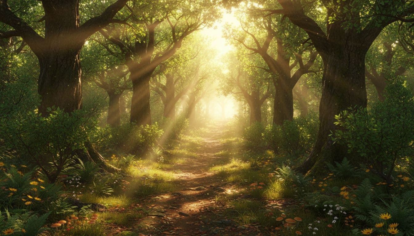 A winding path ascends through a serene forest bathed in vibrant greens and golden light, leading toward bright sunlight symbolizing hope and recovery in photorealistic style.