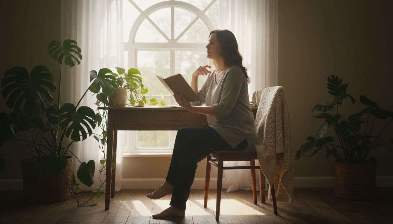 One person sits calmly at a simple wooden desk by a sunlit window in a quiet cozy room with green plants, holding an open journal with relaxed hands and gazing thoughtfully outward in soft morning light.