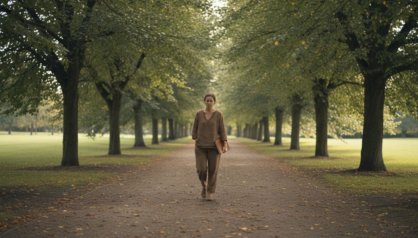 A single adult walks calmly along a tree-lined park path during daytime, carrying a notebook in a relaxed posture, with gentle sunlight filtering through leaves, evoking a peaceful atmosphere of quiet reflection and healing.