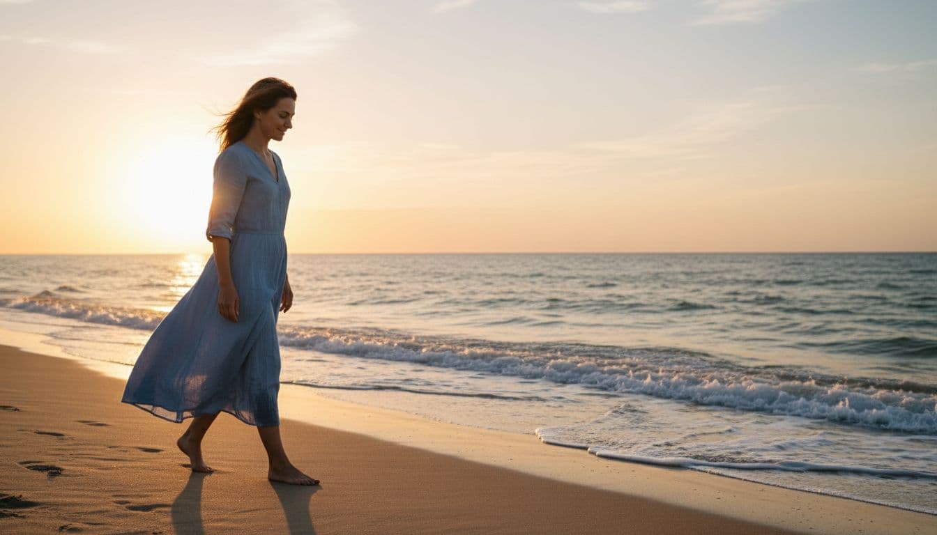 A woman walks alone on a sunny beach at dawn, looking calm and reflective with a slight smile amid gentle waves and golden hour lighting.