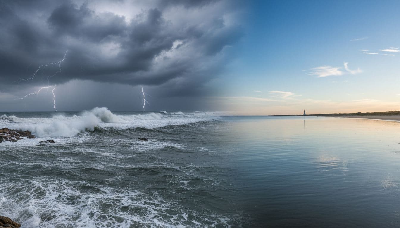 A turbulent ocean with massive crashing waves under dark stormy clouds transitions smoothly to calm mirror-like waters under a clear blue sky, emphasizing dramatic contrast between chaos and peace.