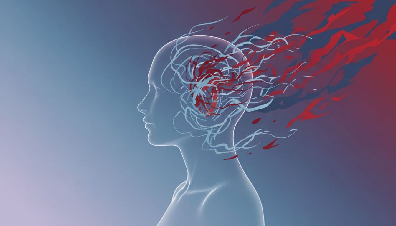 Abstract illustration of a human silhouette with chaotic swirling energy around the head and heart, representing nervous system dysregulation from sleep loss. Features a calm background fading into turbulence with soft blues and reds in a minimalist digital art style.