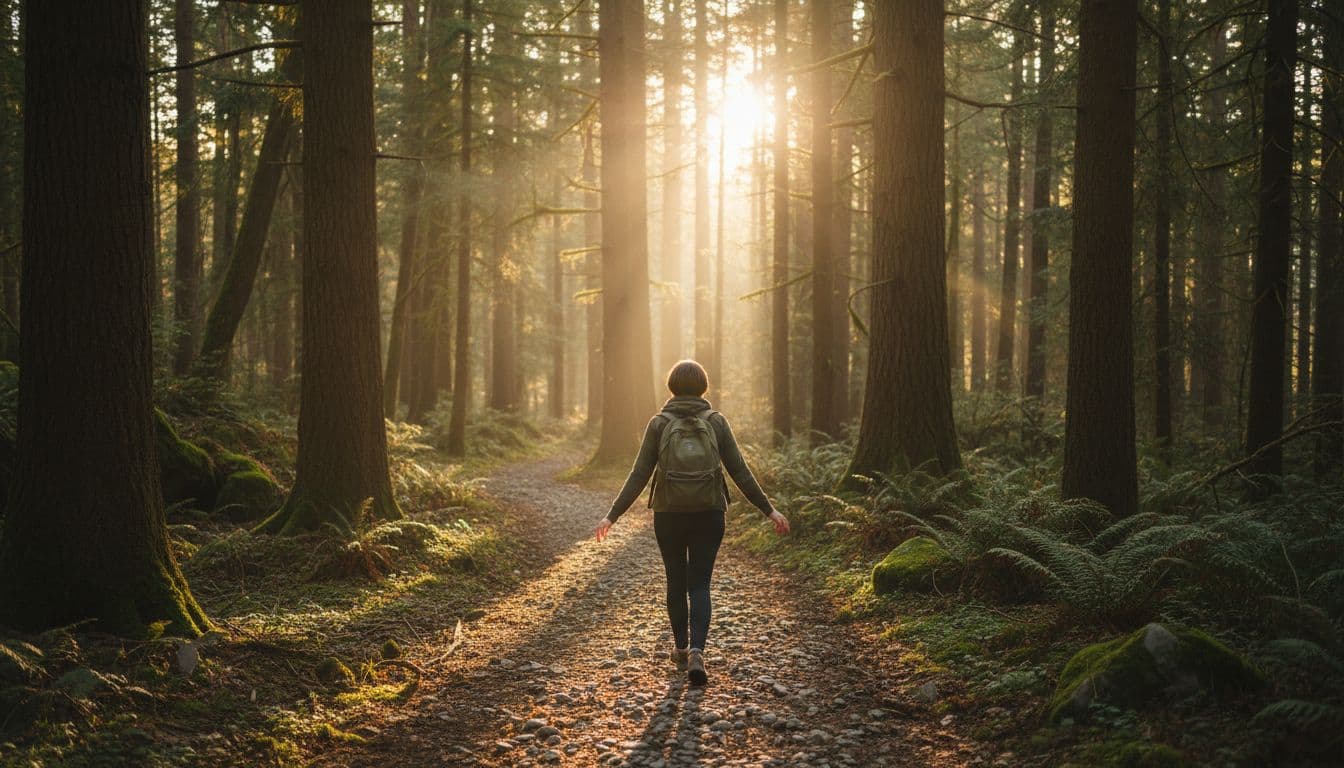A lone person walks forward on a serene forest path during golden hour, backpack on shoulders, sunlight filtering through trees, evoking calm determination and the start of a healing journey.