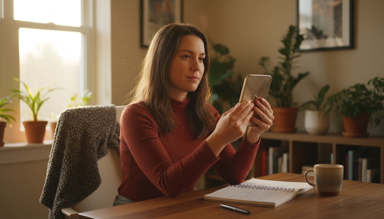 A person sits at a desk in a cozy room, practicing boundary scripts aloud before a small mirror with an open notebook nearby, displaying a calm, focused expression in warm natural daylight.