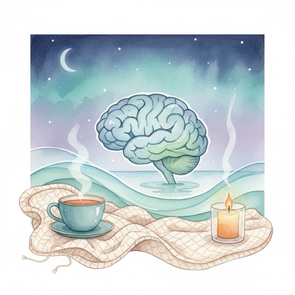 Soft watercolor illustration of a brain with gentle calming waves, surrounded by a soft blanket, tea cup, and candle in a peaceful nighttime scene using muted blues and greens.