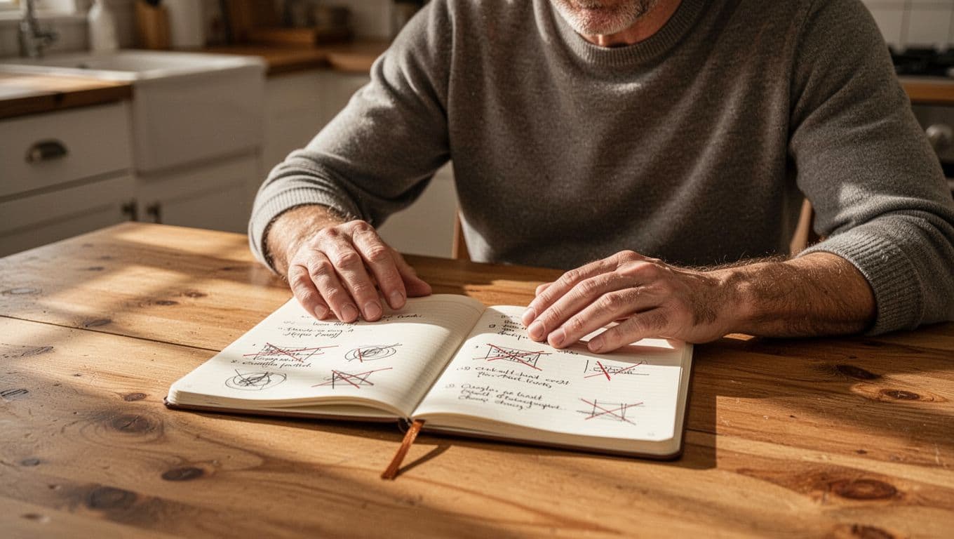 A close-up of one thoughtful adult sitting at a wooden kitchen table, gazing at a notebook with scribbled notes and crossed-out items symbolizing constantly changing goals, in warm indoor lighting and soft realistic style.