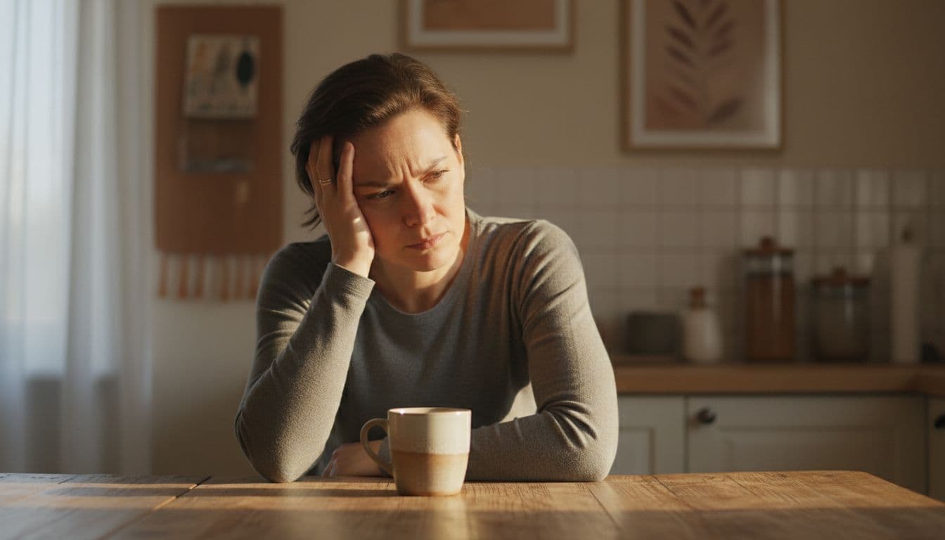 A single adult sits alone at a wooden kitchen table in a cozy home, head resting on one hand, looking thoughtful and distressed with a furrowed brow as soft morning light filters through the window.
