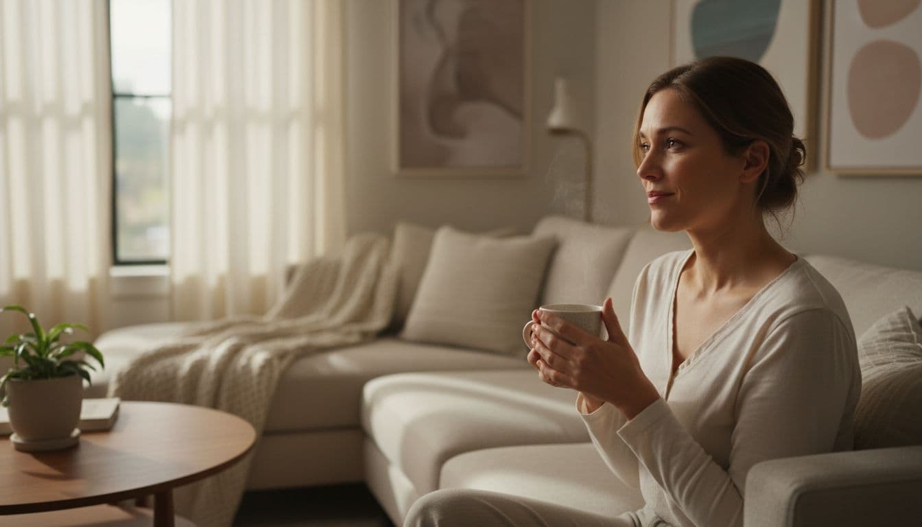 A single person sits calmly on a cozy couch in a softly lit living room, holding a cup of tea with a gentle expression of realization.