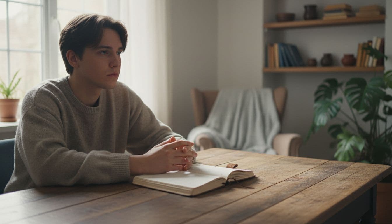 Person sits at wooden desk with open journal, face illuminated by soft window light.
