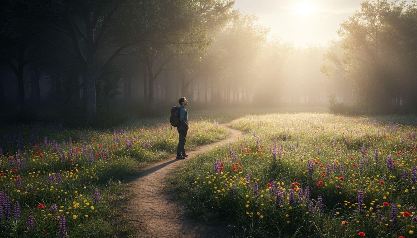 One adult walks confidently on a winding path from a misty dark forest into a bright sunny meadow with a backpack, symbolizing breaking free toward healing and self-trust in a serene landscape.