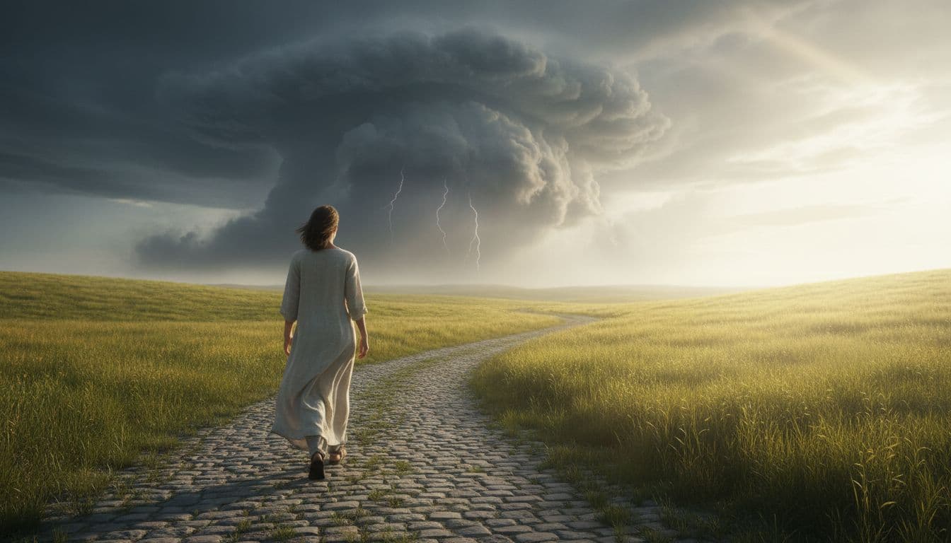 A calm person walks confidently on a sunny path away from a stormy dark cloud representing past abuse, heading towards green fields ahead in a hopeful, realistic style.