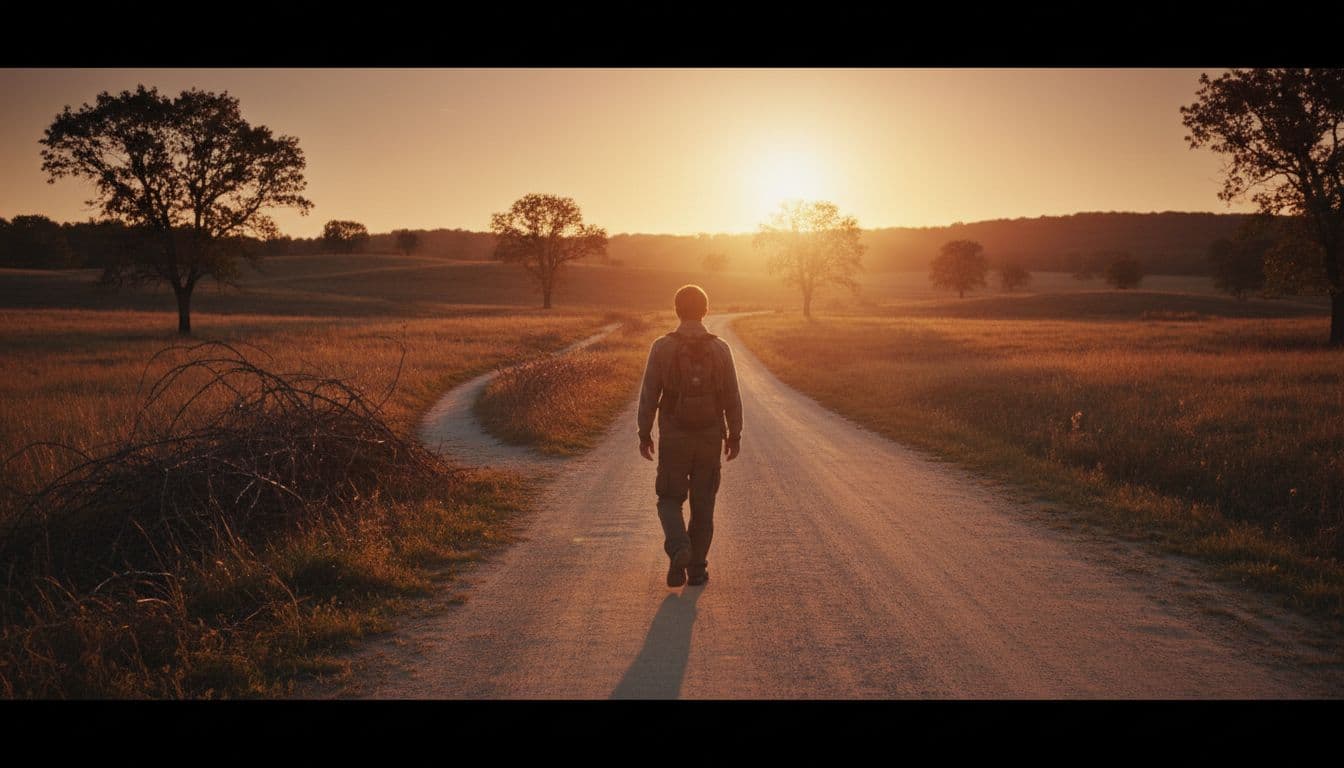 A solitary person walks away from a tangled path toward a clear open road at sunset, symbolizing breaking free from manipulation and progress in recovery.