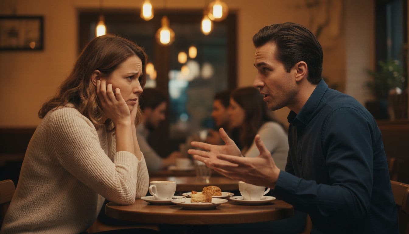 A thoughtful woman in her 30s sits at a cafe table on a first date, looking concerned as she notices subtle red flags like intense eye contact and the man talking over her in a cozy cafe with soft lighting.