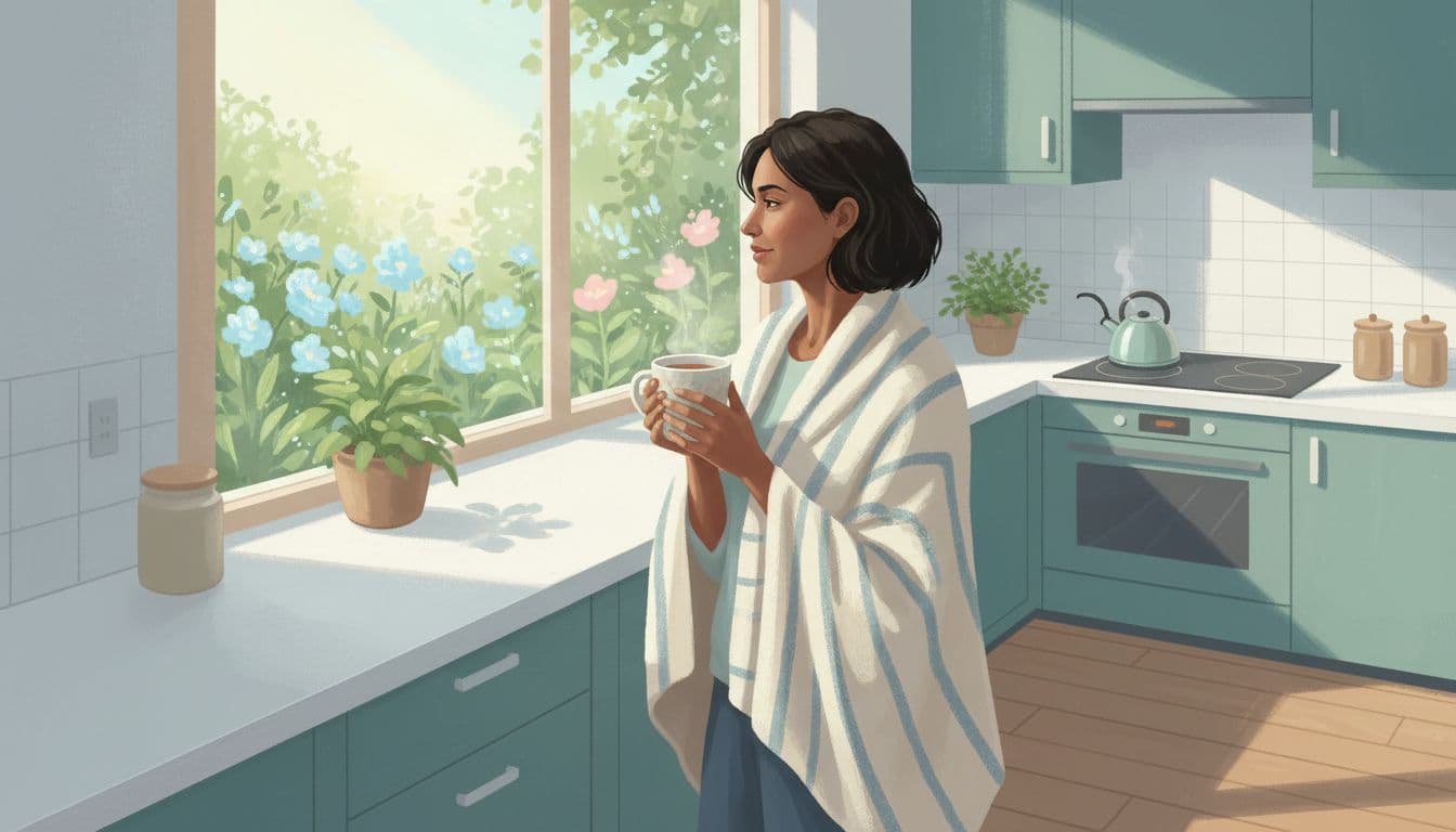 Diverse adult woman in a quiet kitchen at dawn holds a warm mug of tea, draped in a blanket over her shoulders, gazing softly out the window at the garden in a serene self-compassion wellness illustration with soft pastel light.