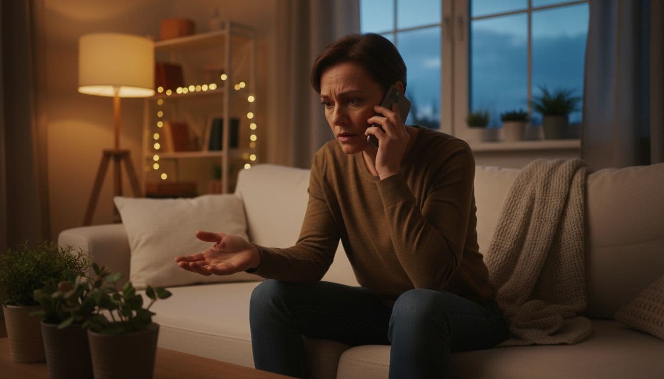A single adult sits alone on a couch in a softly lit evening living room, holding a phone to their ear with a tense, worried expression, captured in realistic photograph style with warm ambient light.