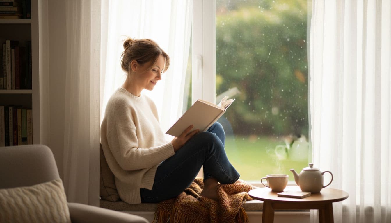 Adult in 30s reads book on window seat with gentle smile, tea on nearby table in sunlit room.