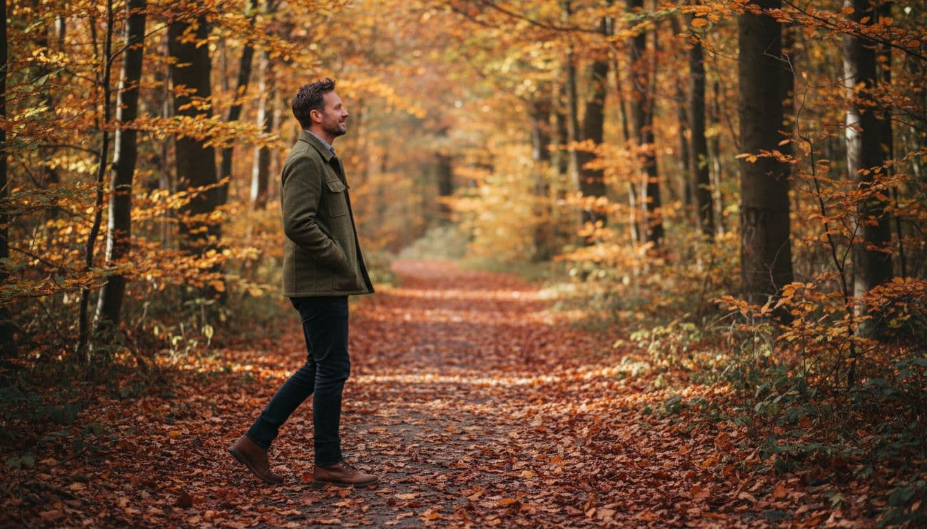 Adult walks slowly on leaf-strewn forest path in autumn, hands in pockets, side profile in dappled sunlight.