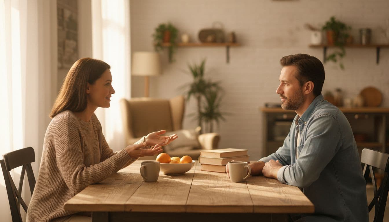 Two adults sit across a kitchen table in calm conversation with open body language and relaxed expressions.