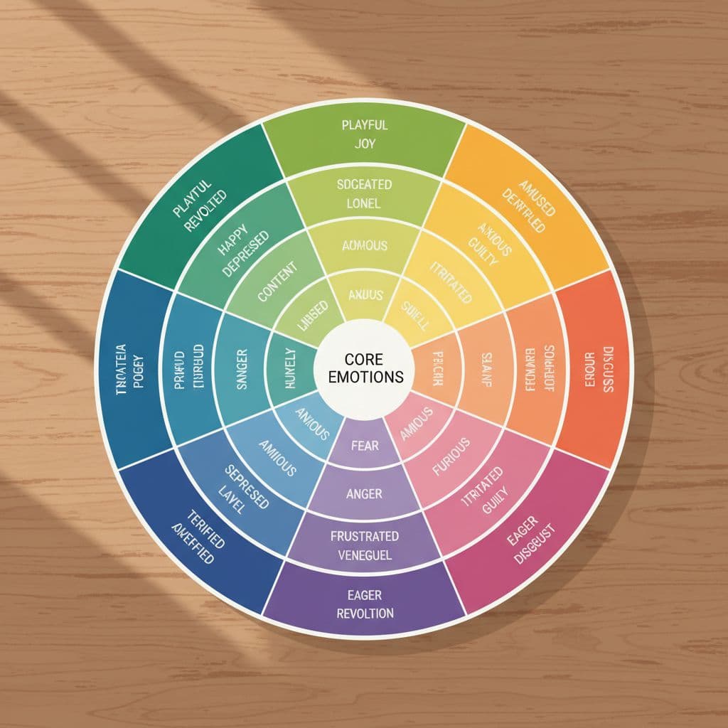 Colorful emotion wheel on wooden table under soft sunlight, viewed from above in flat illustration style.