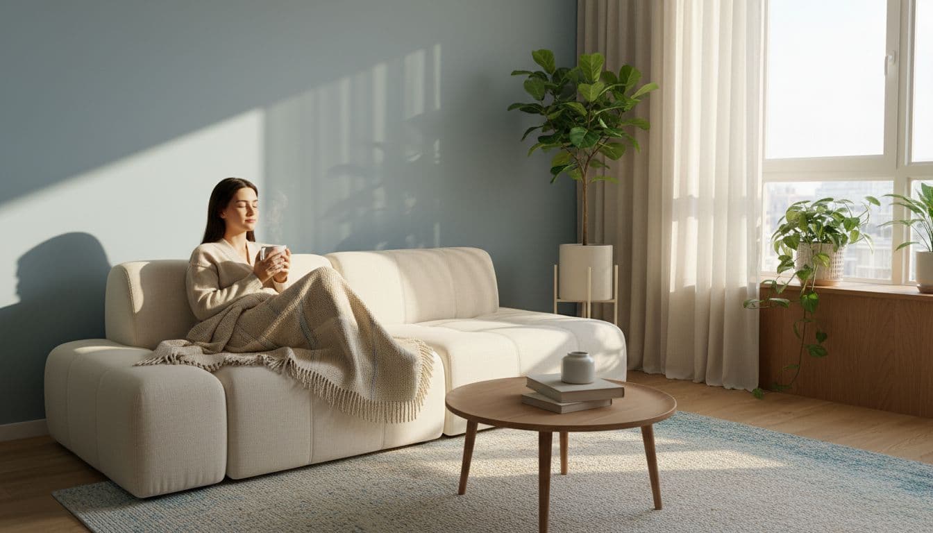 Person sits on couch with blanket and tea mug in calming living room, natural light from window with plants nearby.