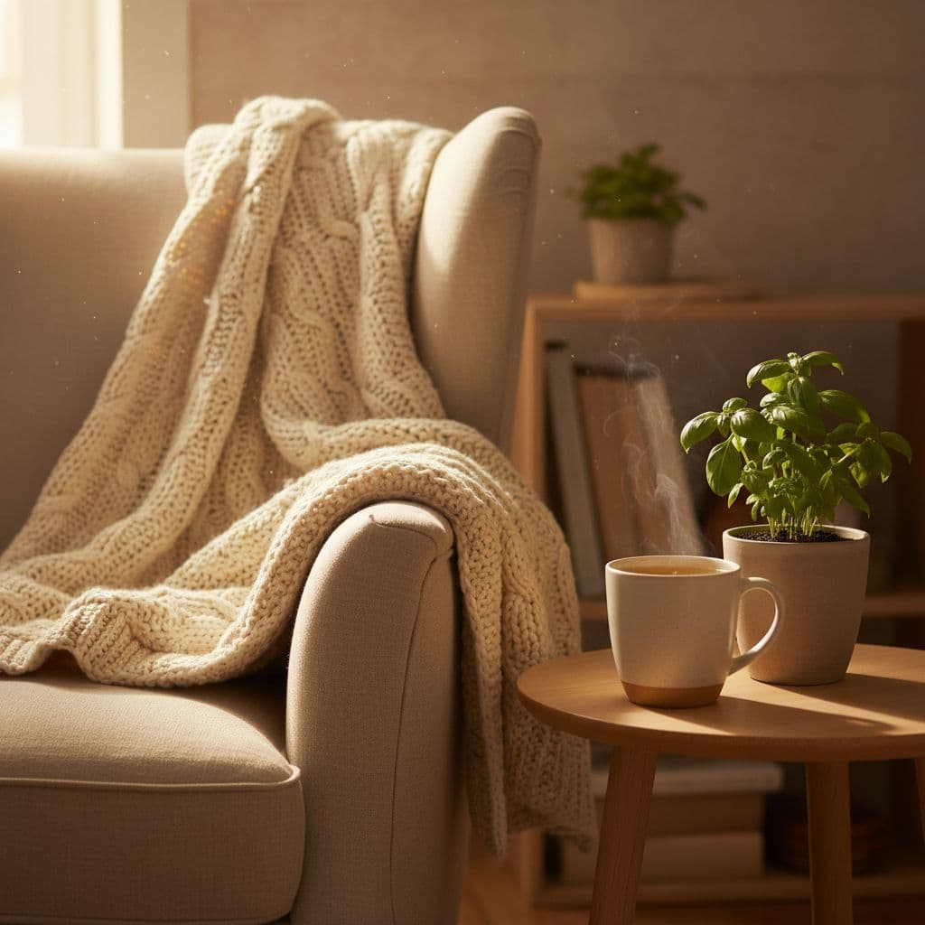 Sunlit corner of cozy room with knitted blanket on chair, steaming herbal tea cup, and green plant.