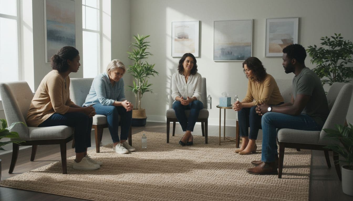 Five diverse adults sit in a circle of chairs, listening attentively to a facilitator in a sunlit community room.