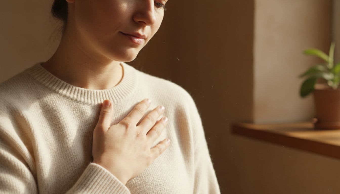 Close-up of a hand gently on chest in quiet room with soft window light.