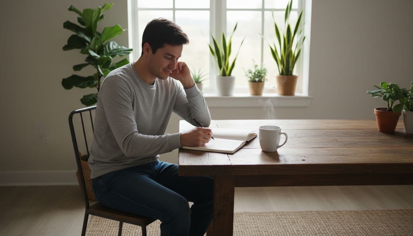 Person journals in open notebook at wooden kitchen table with coffee cup nearby and plants on windowsill in soft morning light.