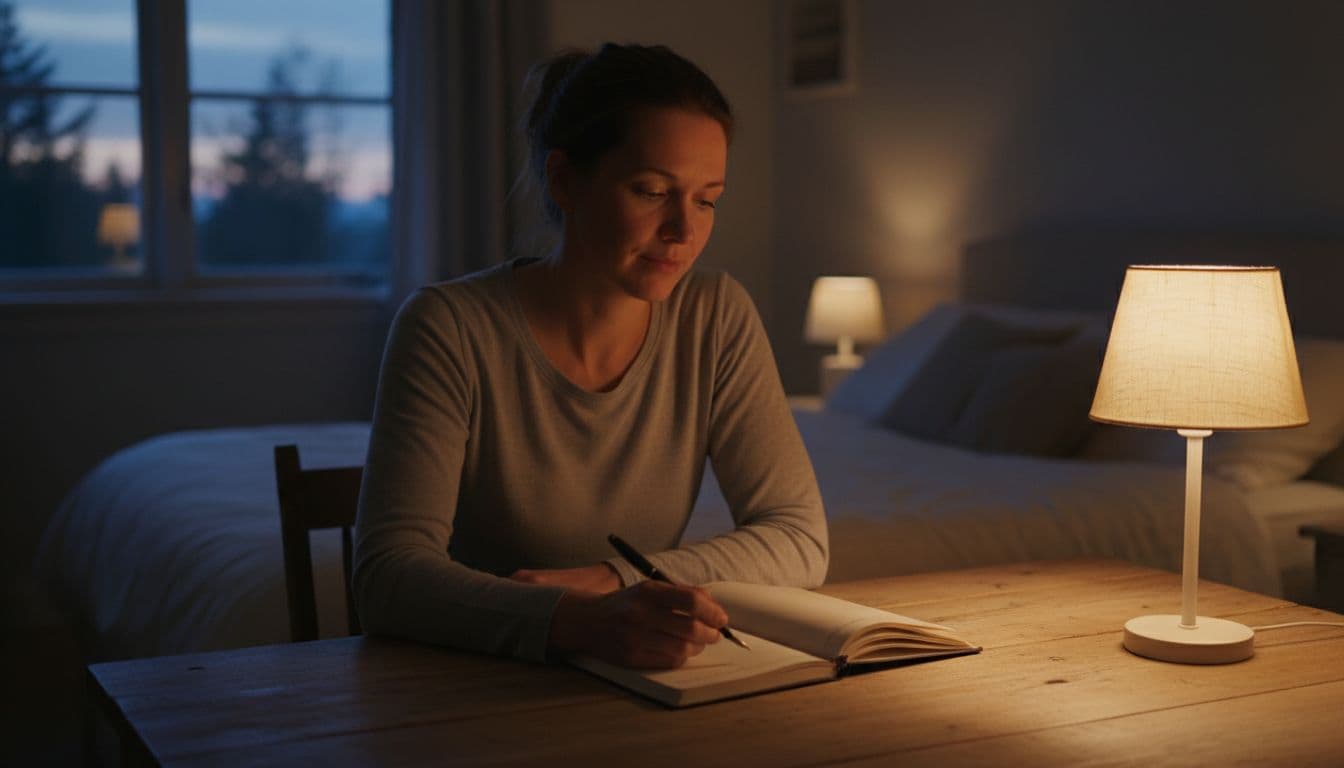 Adult sits relaxed at wooden desk in quiet bedroom at dusk, pen in hand over open blank notebook under warm lamp glow.