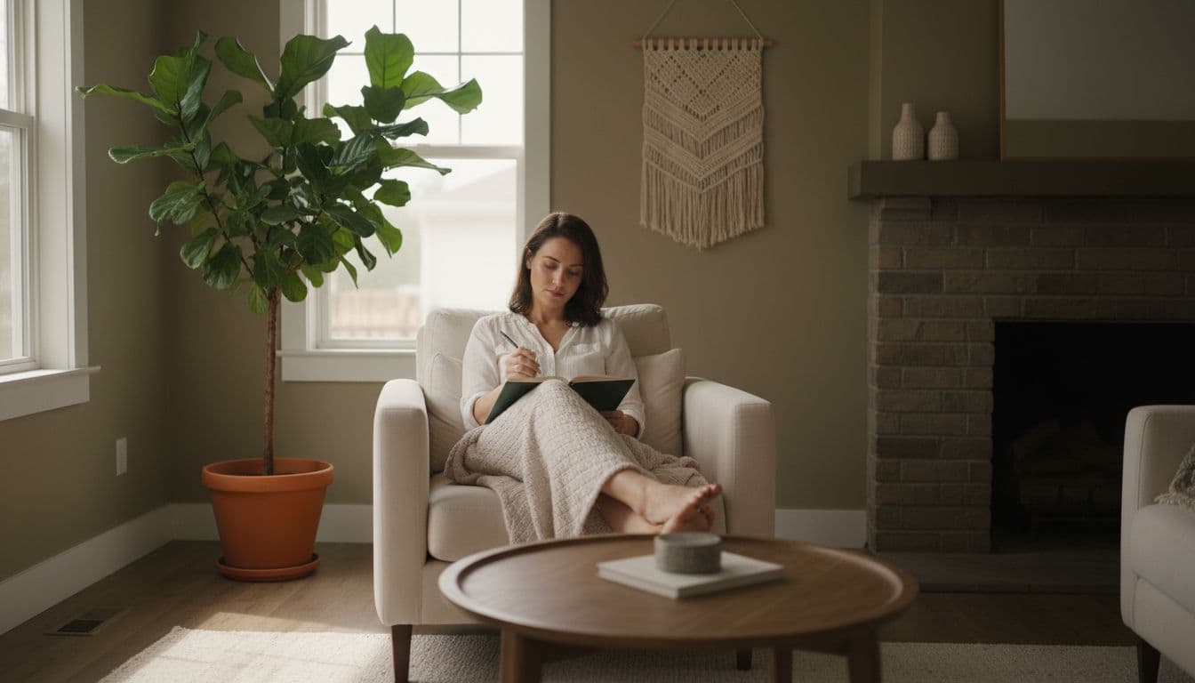 A person sits alone in a cozy living room, open journal on lap, soft window light on thoughtful face, single plant nearby.