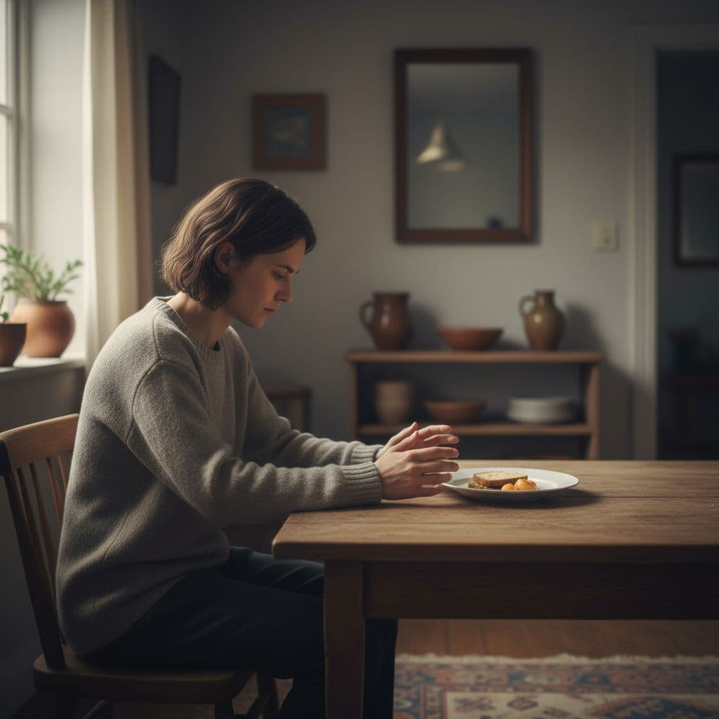 A person sits alone at a kitchen table looking down at a plate of food in dim lighting.