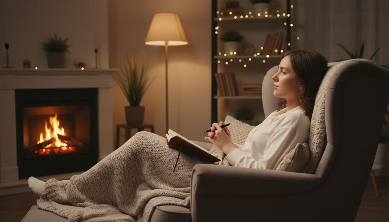 Person sits comfortably in cozy living room with notebook and pen on lap, looking thoughtful.