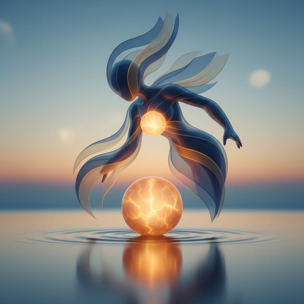 Abstract non-human form gently sets down heavy glowing orb in soft blues and oranges.