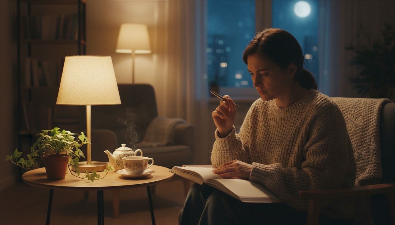 Person journals alone in cozy room, notebook on lap under soft lamp light with plants and tea.