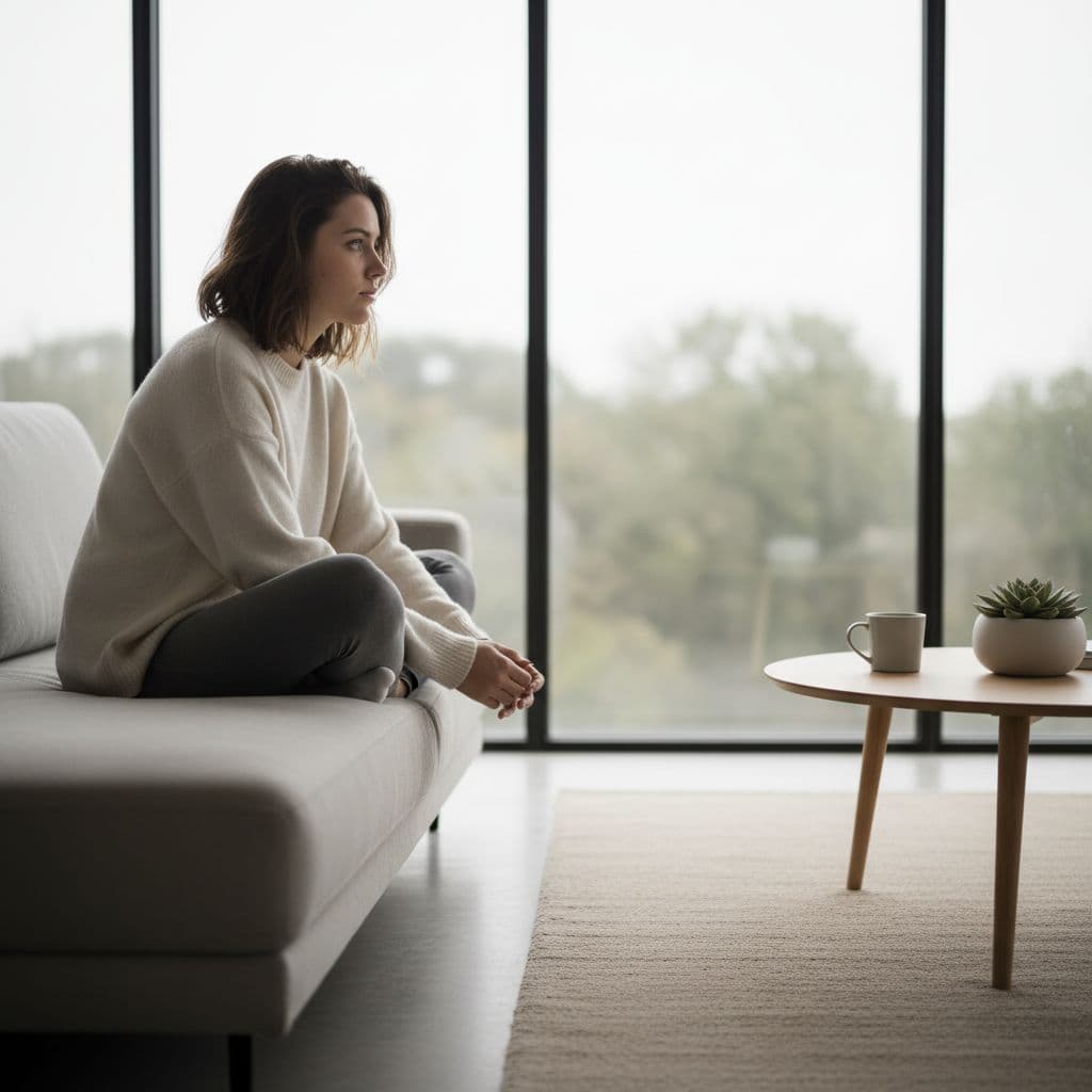 A woman sits by a window in a quiet room with a distant and contemplative expression.