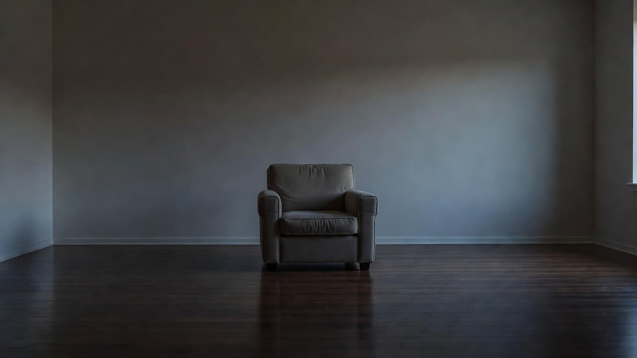 A single solitary armchair sits centered on a hardwood floor within a darkened living space. Long shadows stretch across the room as dusk light fades, creating a somber and minimalist atmosphere.