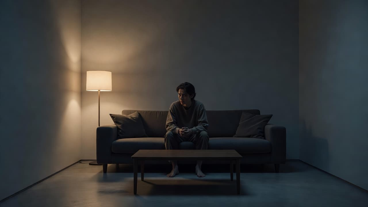 A solitary individual sits on a low-profile sofa within a dimly lit, minimalist living room. The subdued lighting emphasizes a contemplative, somber mood reflecting deep emotional withdrawal and quiet personal distress.