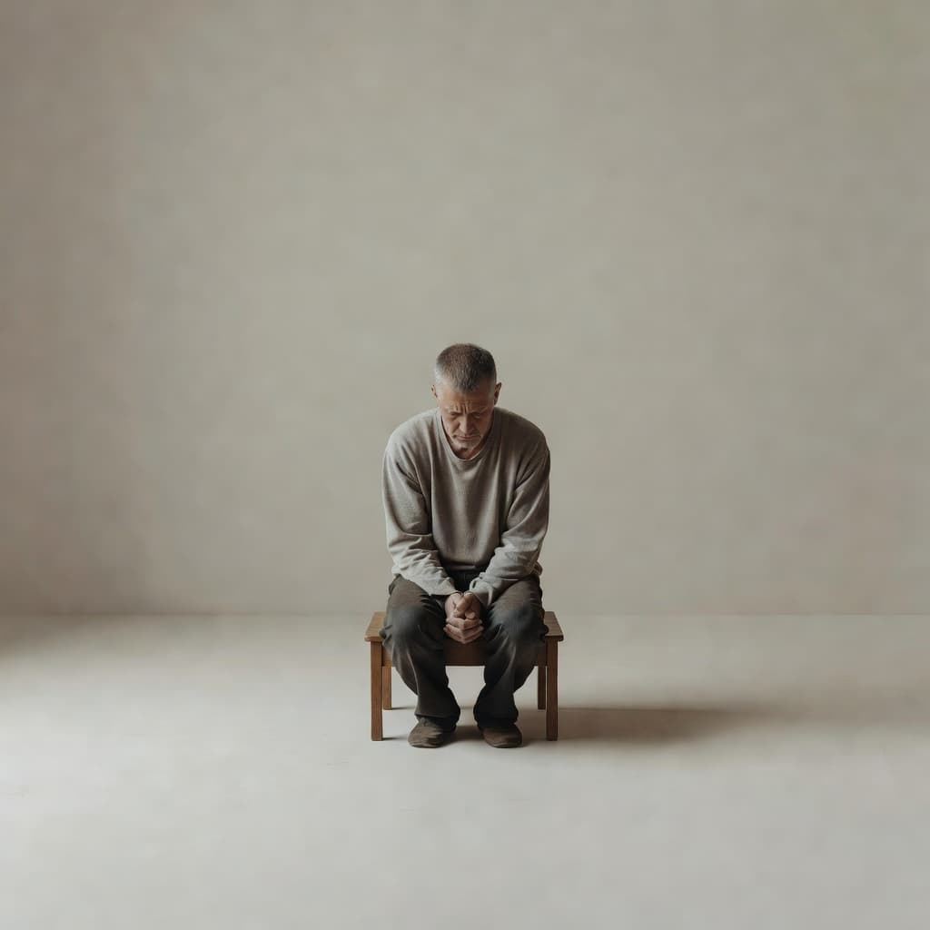A solitary figure sits in a dimly lit room with a guarded expression, looking downward. The minimalist setting features muted color tones that emphasize the subject's internal state of quiet hesitation.