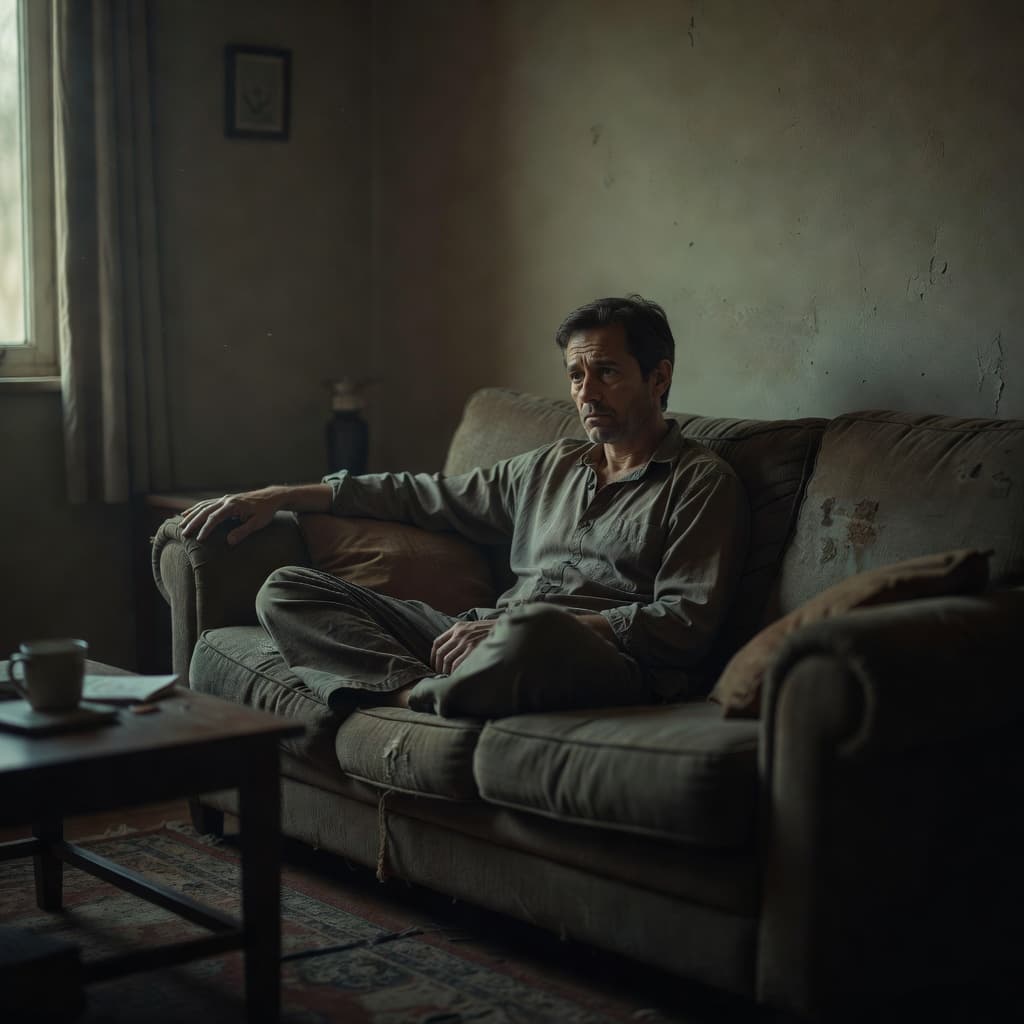 A solitary figure sits slumped on a textured living room sofa, gazing away with a weary expression. Soft natural light flows from a side window, highlighting the quiet, contemplative mood.