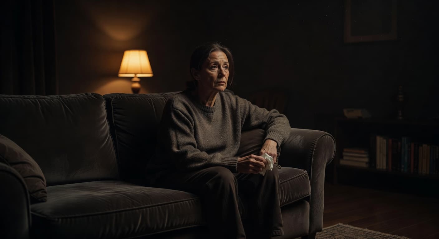 A solitary individual sits on a plush sofa within a darkened living space. A nearby table lamp casts a warm, golden glow, highlighting their contemplative expression and solemn, quiet posture.