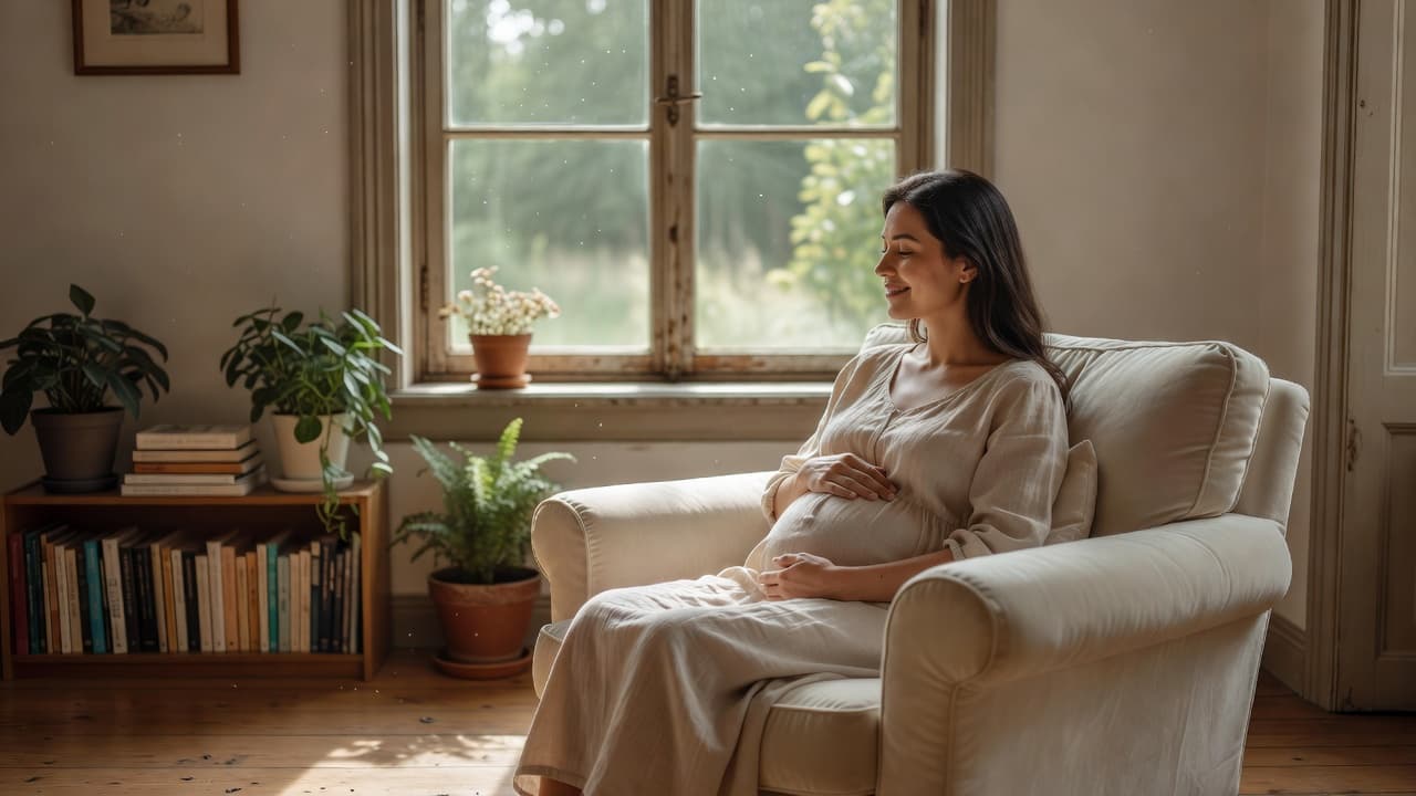 A pregnant woman rests quietly in a sun-drenched room, leaning against a large window frame. Her posture is relaxed, with gentle natural light casting soft shadows across the calm indoor space.