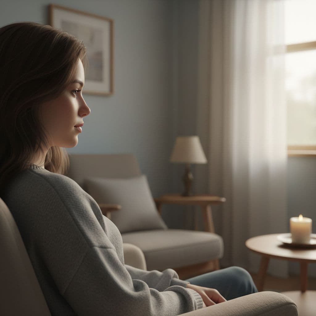 A person stands in a dimly lit, serene room with their body partially turned away from the camera. The soft light highlights their profile as they look toward a peaceful space.