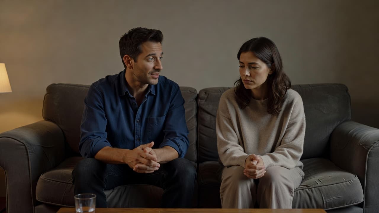 Two individuals sit together on a plush sofa in a dimly lit room. One person speaks earnestly while the listener gazes downward, creating a palpable atmosphere of quiet emotional confusion.