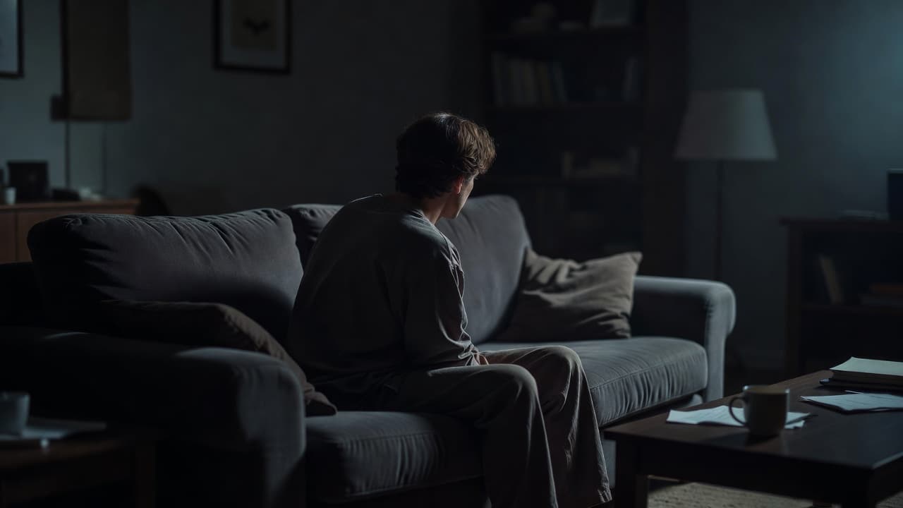 A single figure sits hunched on a soft sofa in a dark living room, looking away. Dim, cinematic light highlights their lonely posture, emphasizing themes of withdrawal and deep emotional silence.