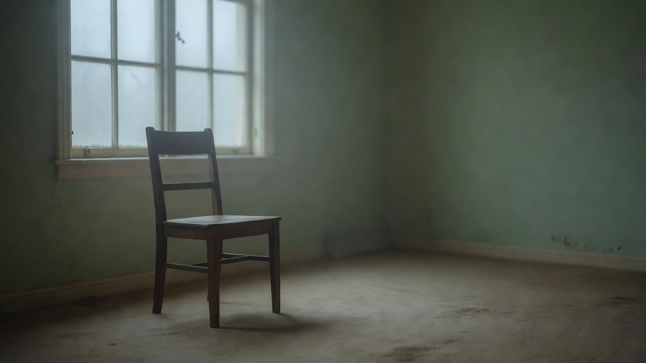 An empty wooden chair positioned near a window in a dimly lit, quiet room.