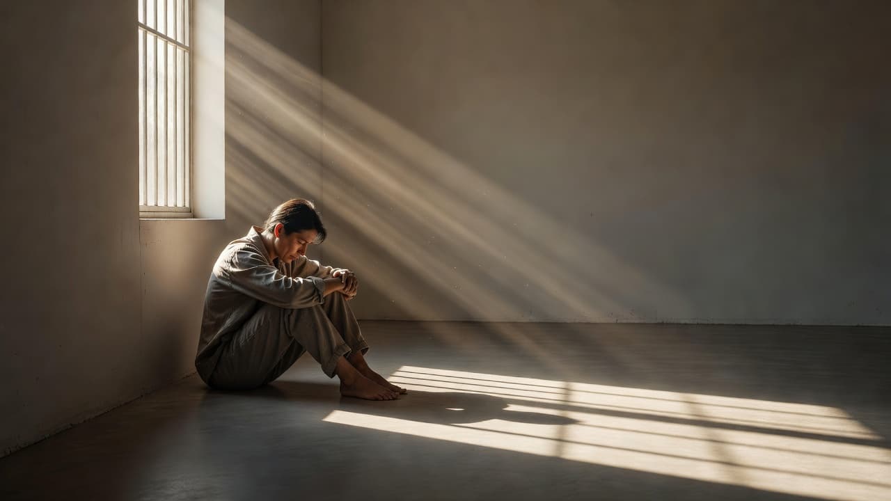 A lone person sits motionless by a large window where stark sunlight casts elongated shadows across the minimalist room. The sparse furniture emphasizes a sense of emotional distance and quiet isolation.