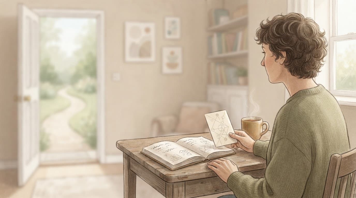 A person places a blank card beside tea and a notebook near an open doorway.