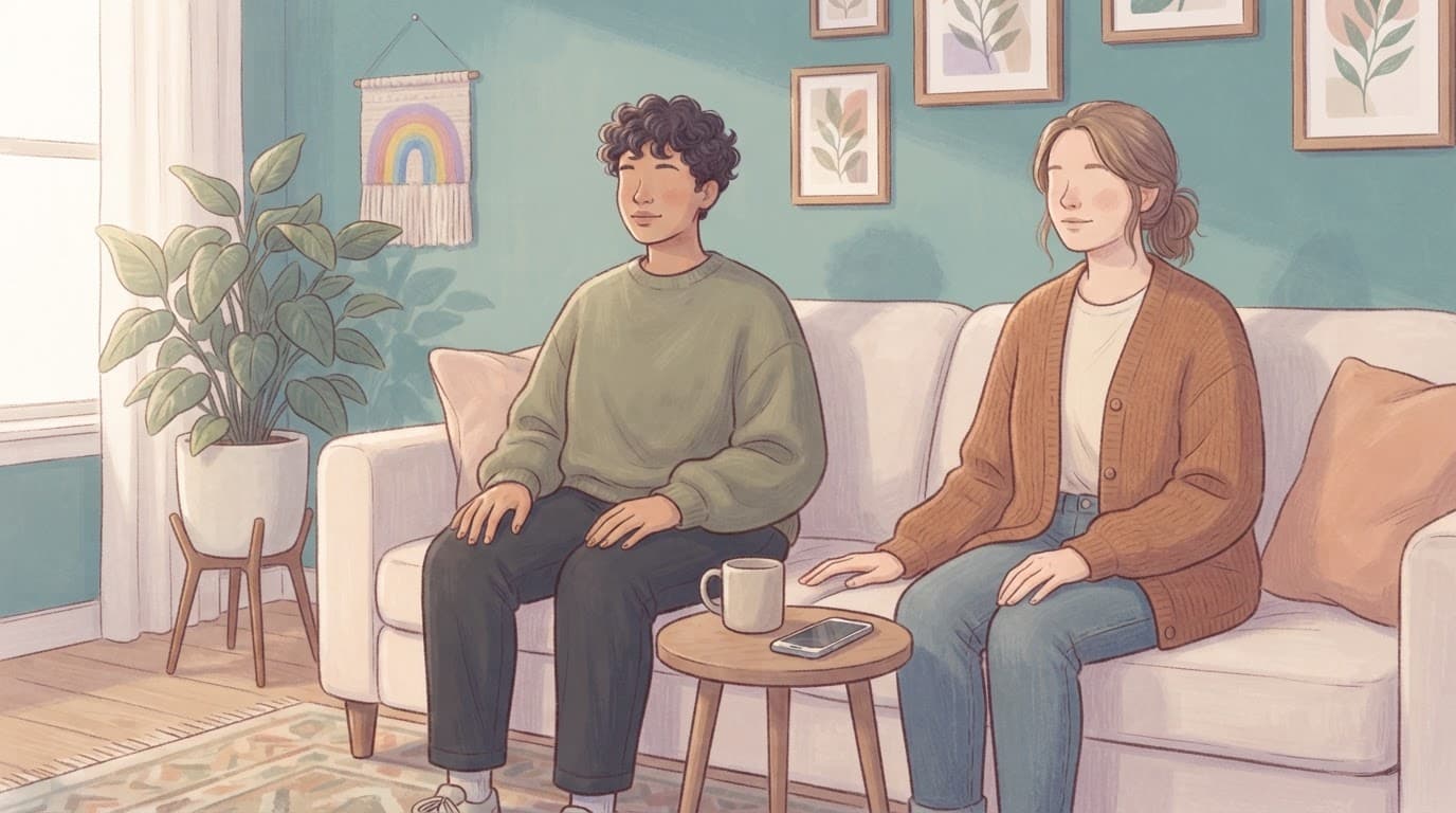 Two people sit apart in a calm living room with a phone on a nearby table.