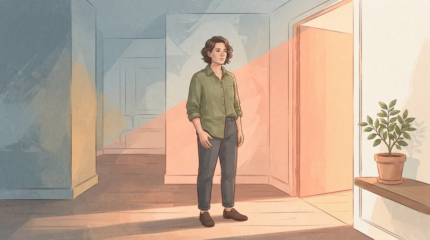 A person stands beside an open doorway with a plant and warm light.