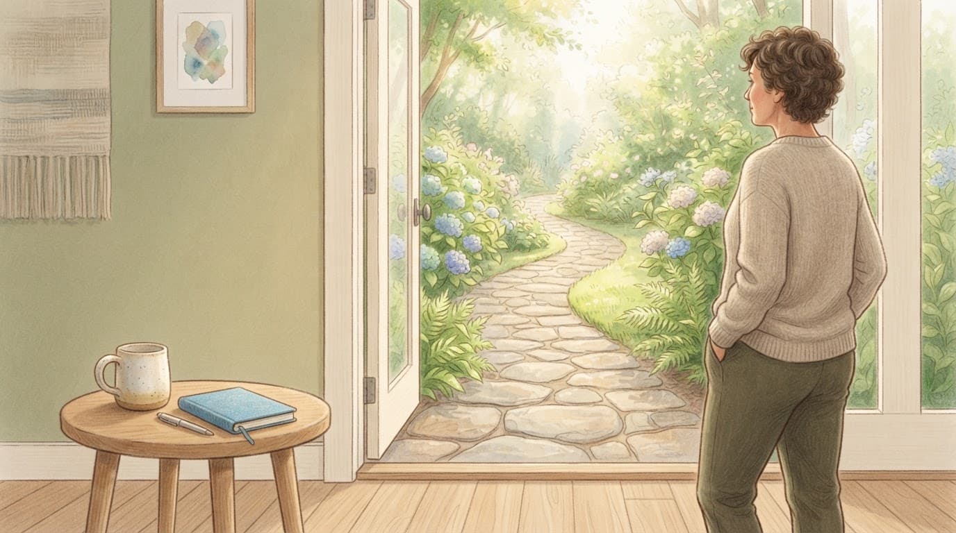 A faceless adult stands by an open door to a sunny garden, with a notebook and cup on a table.